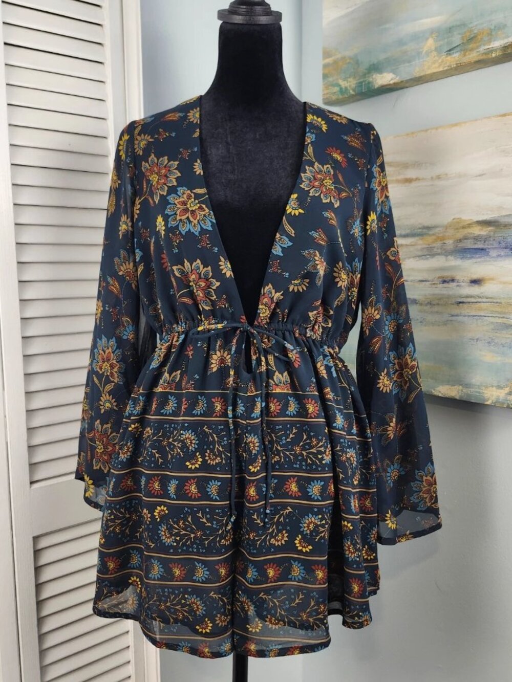 OLIVACEOUS Romper M Navy Floral Deep V Tie Waist Sheer Bell Sleeve Boho Hippie